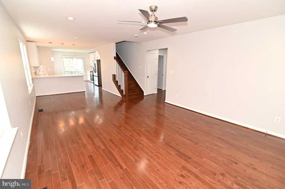 Empty room, Interior, Kitchen, Pendant Lights, Recessed Lighting, Wood Texture Flooring