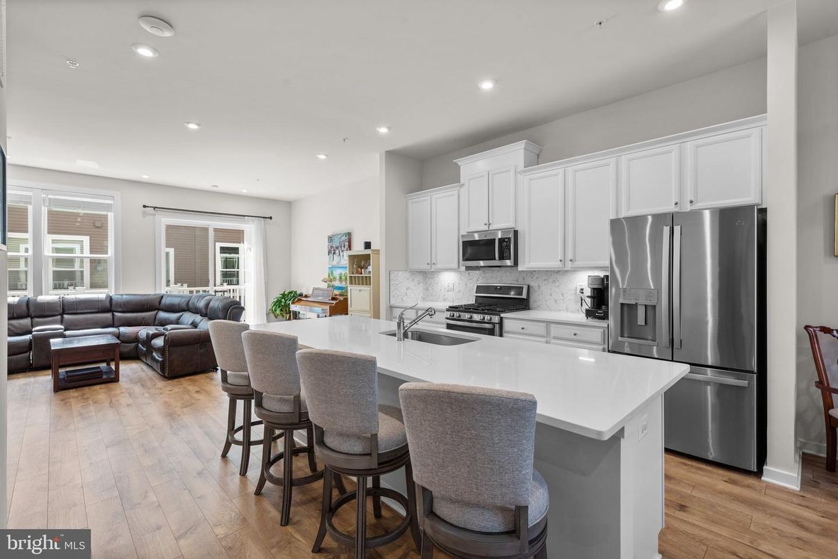 Interior, Kitchen, Living room, Recessed Lighting, Stainless Steel Appliances, Wood Texture Flooring
