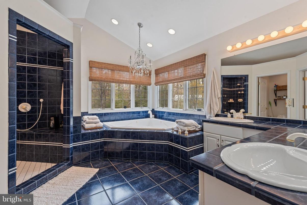 Bathroom, Chandelier, Dual Sink Vanities, Glass Shower, Interior, Recessed Lighting