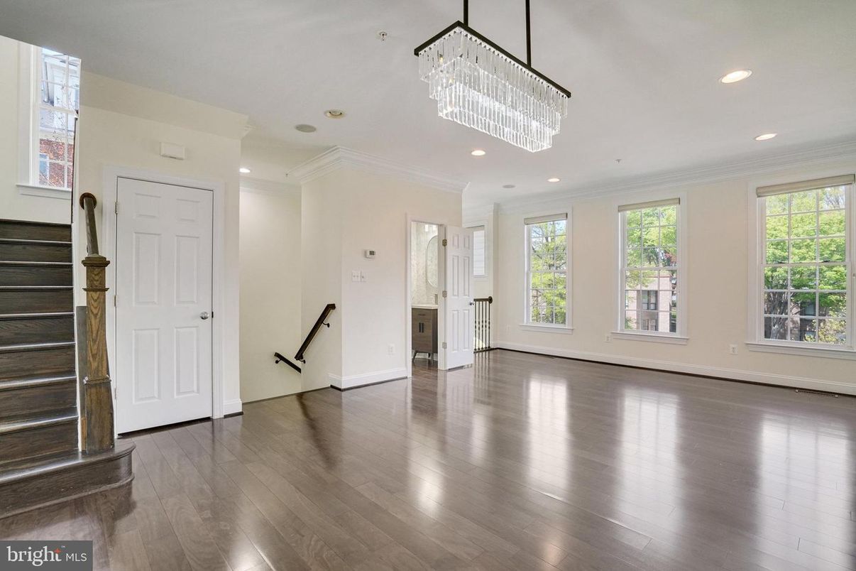 Chandelier, Empty room, Interior, Recessed Lighting, Wood Texture Flooring