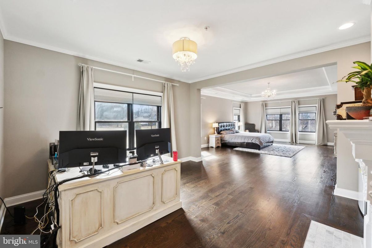 Bedroom, Chandelier, Fireplace, Home Office, Interior, Recessed Lighting, Wood Texture Flooring