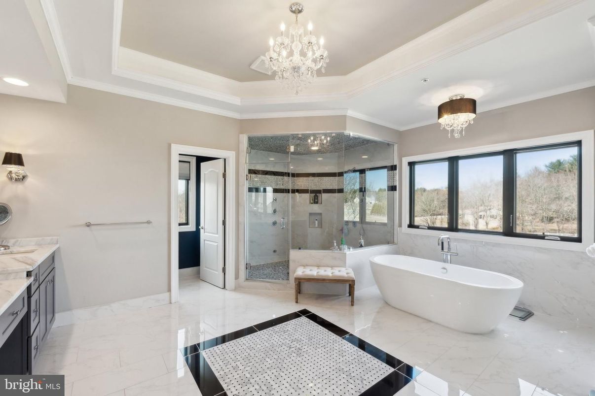 Bathroom, Chandelier, Free Standing Baths, Glass Shower, Interior, Marble, Recessed Lighting