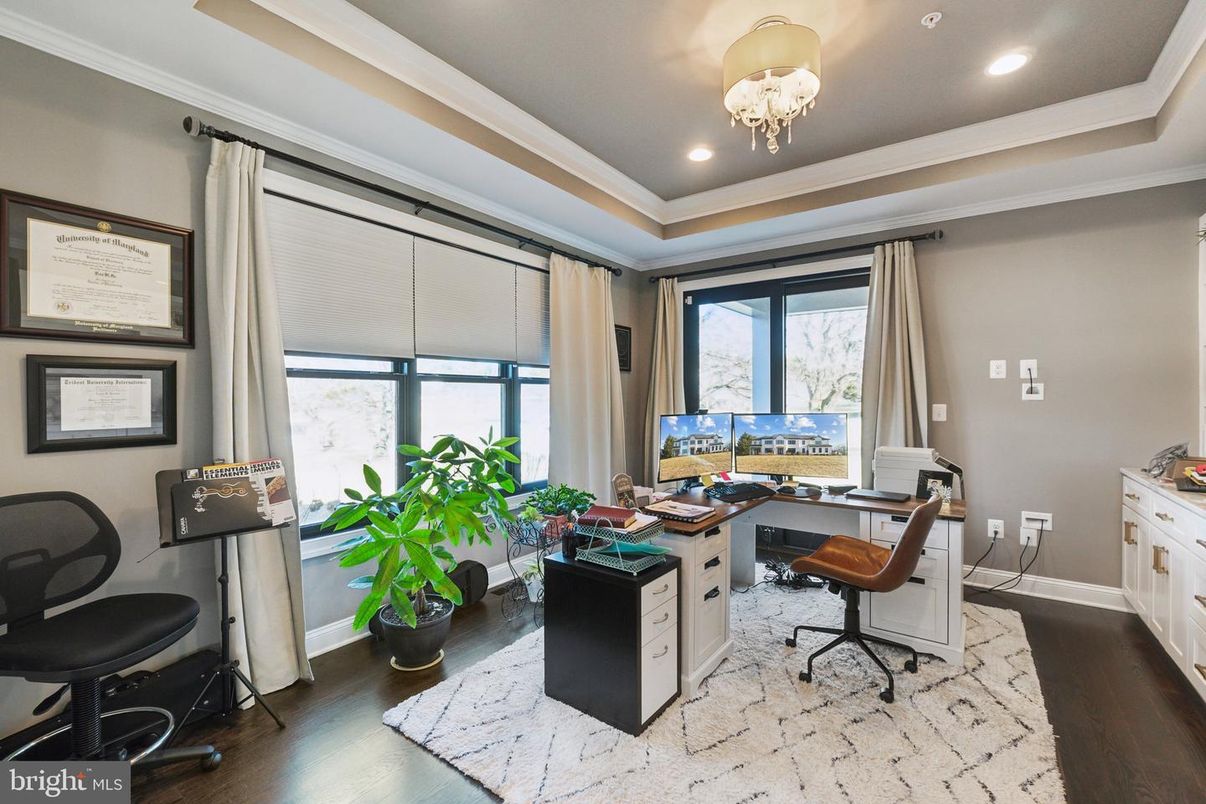 Chandelier, Home Office, Interior, Recessed Lighting, Wood Texture Flooring