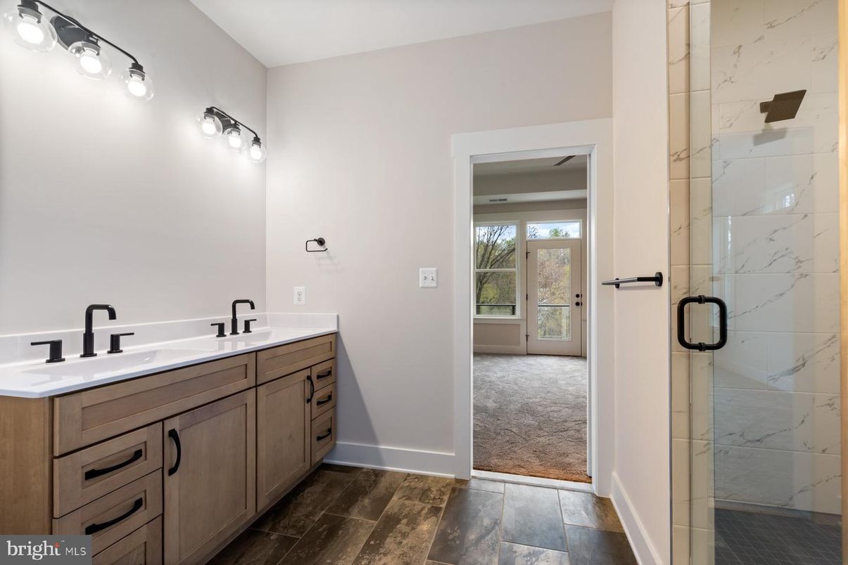 Bathroom, Dual Sink Vanities, Glass Shower, Interior, Marble Walls
