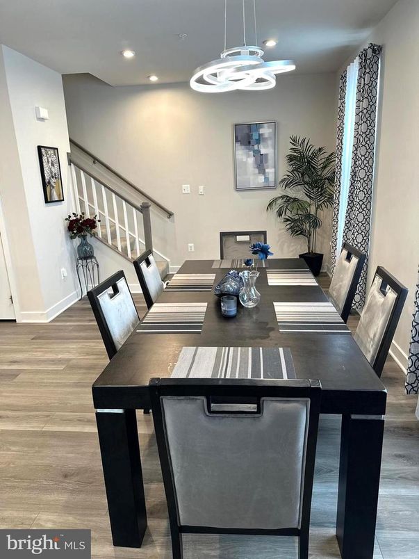 Dining room, Interior, Pendant Lights, Recessed Lighting, Wood Texture Flooring