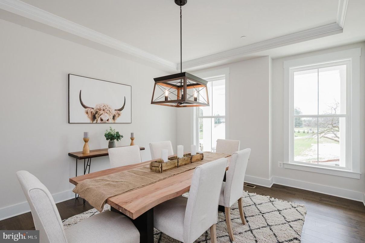 Dining room, Interior, Pendant Lights, Wood Texture Flooring