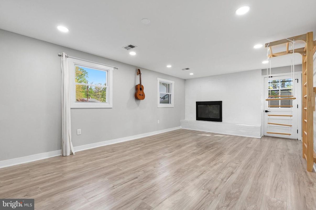 Empty room, Fireplace, Interior, Recessed Lighting, Wood Texture Flooring