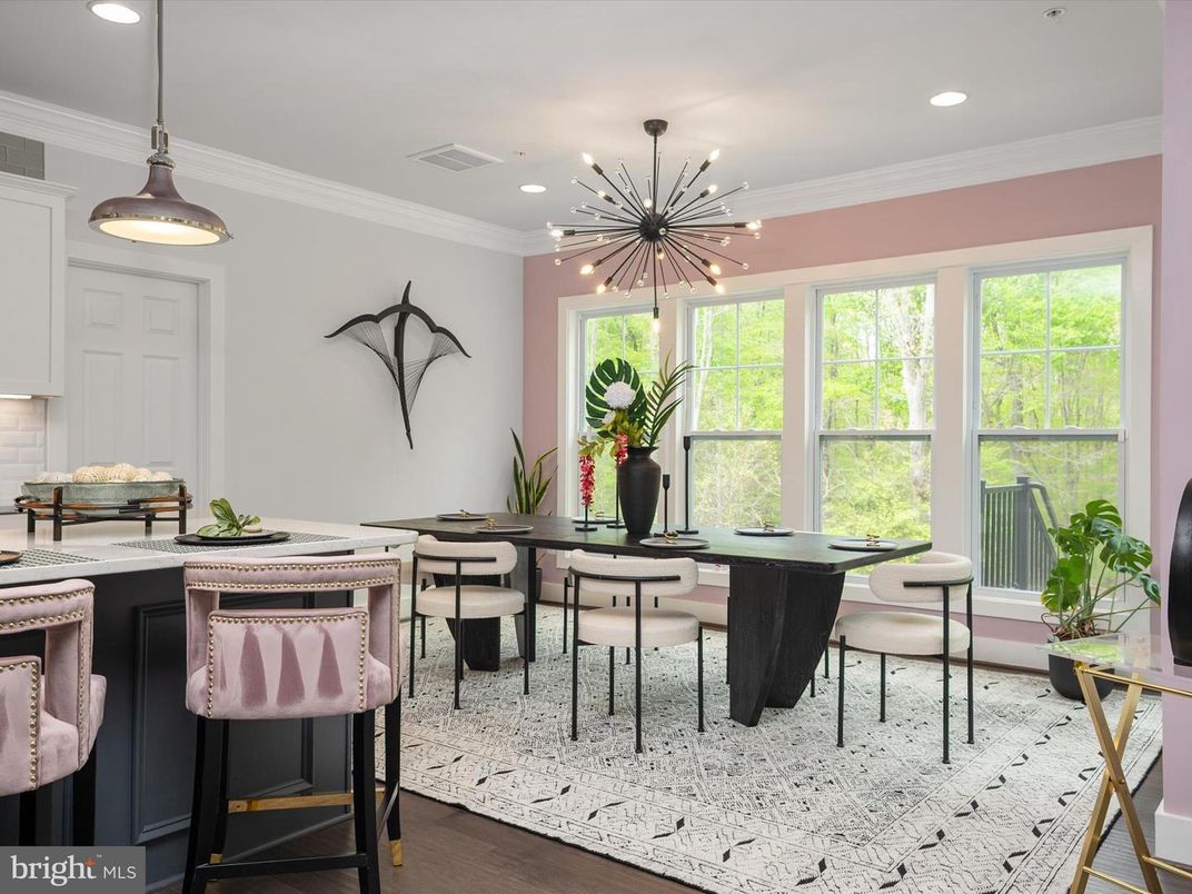 Dining room, Interior, Pendant Lights, Recessed Lighting, Wood Texture Flooring