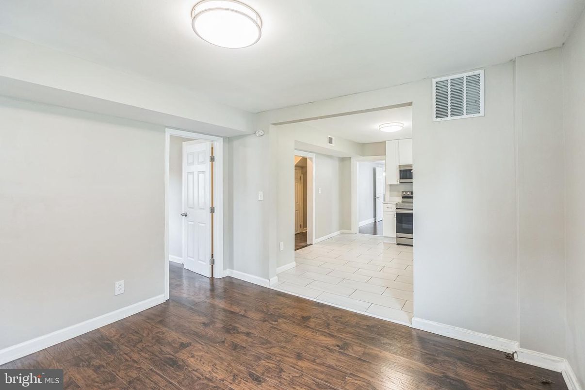 Empty room, Interior, Kitchen, Stainless Steel Appliances, Wood Texture Flooring