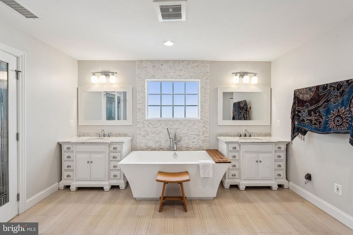 Bathroom, Dual Sink Vanities, Free Standing Baths, Interior, Recessed Lighting, Wood Texture Flooring