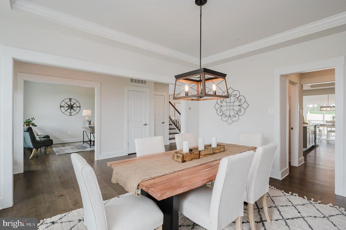 Dining room, Interior, Pendant Lights, Wood Texture Flooring