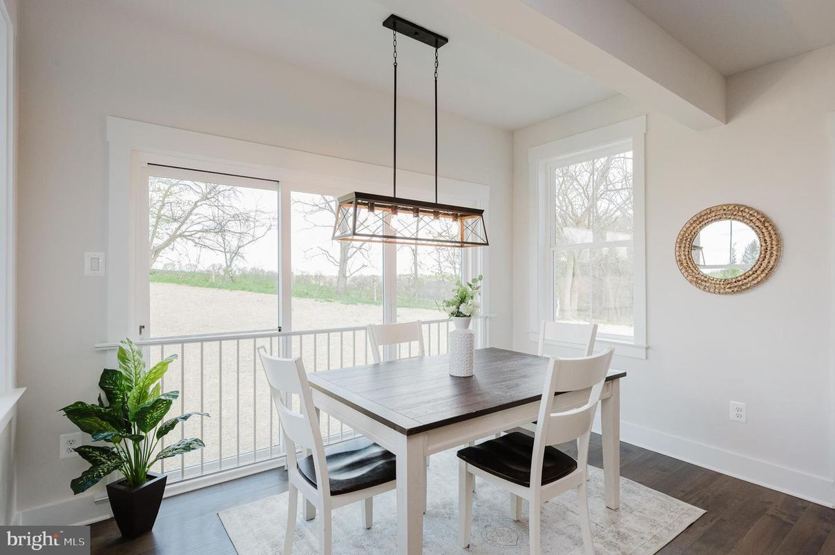 Dining room, Interior, Pendant Lights, Wood Texture Flooring