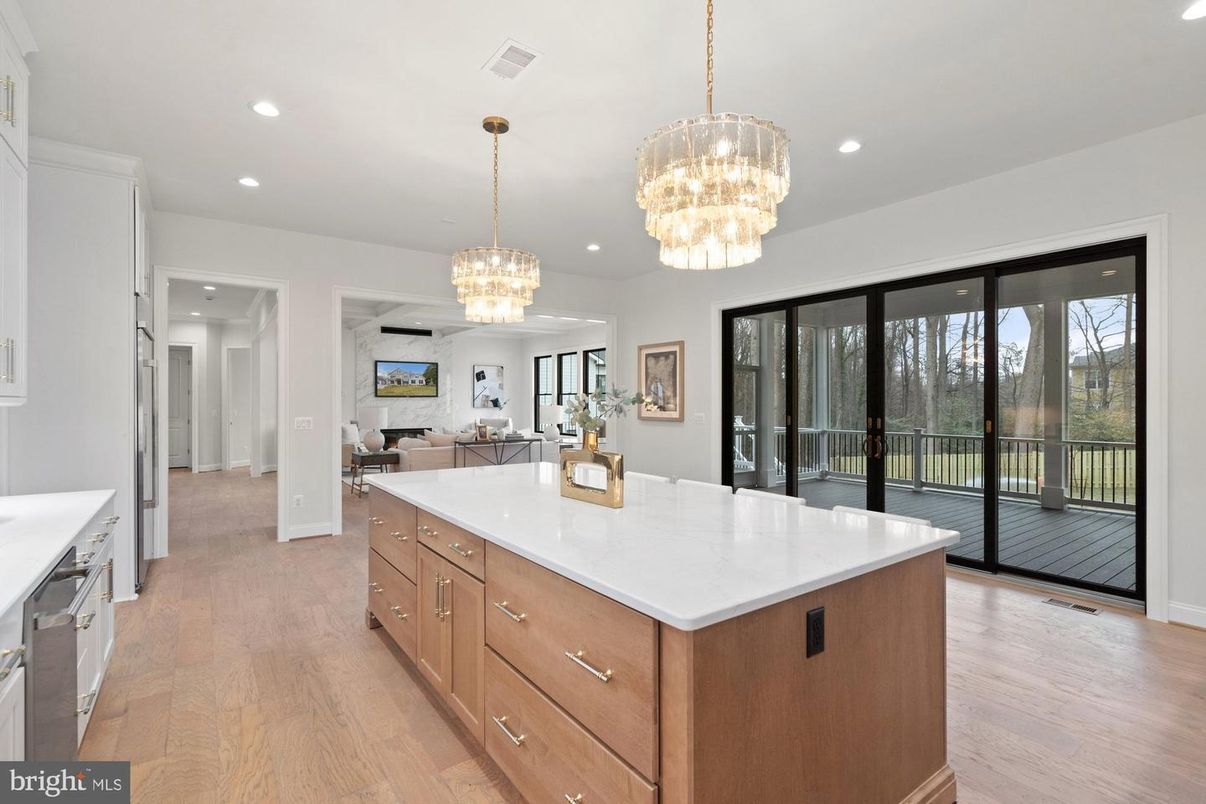 Chandelier, Interior, Kitchen, Pendant Lights, Recessed Lighting, Wood Texture Flooring