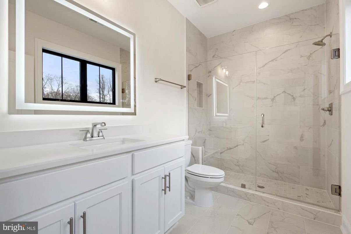Bathroom, Glass Shower, Interior, Marble, Marble Walls, Recessed Lighting