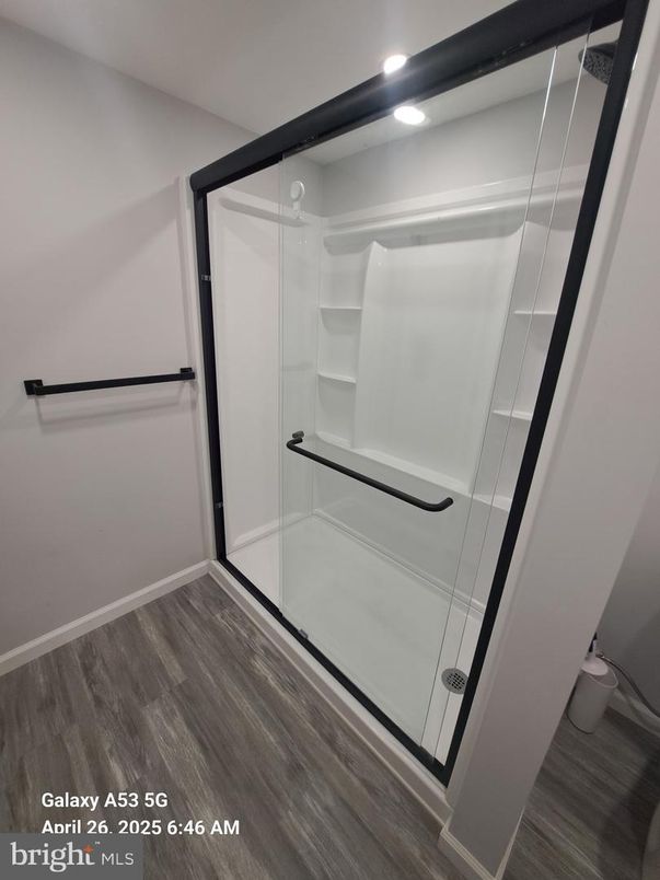Bathroom, Glass Shower, Interior, Recessed Lighting, Wood Texture Flooring
