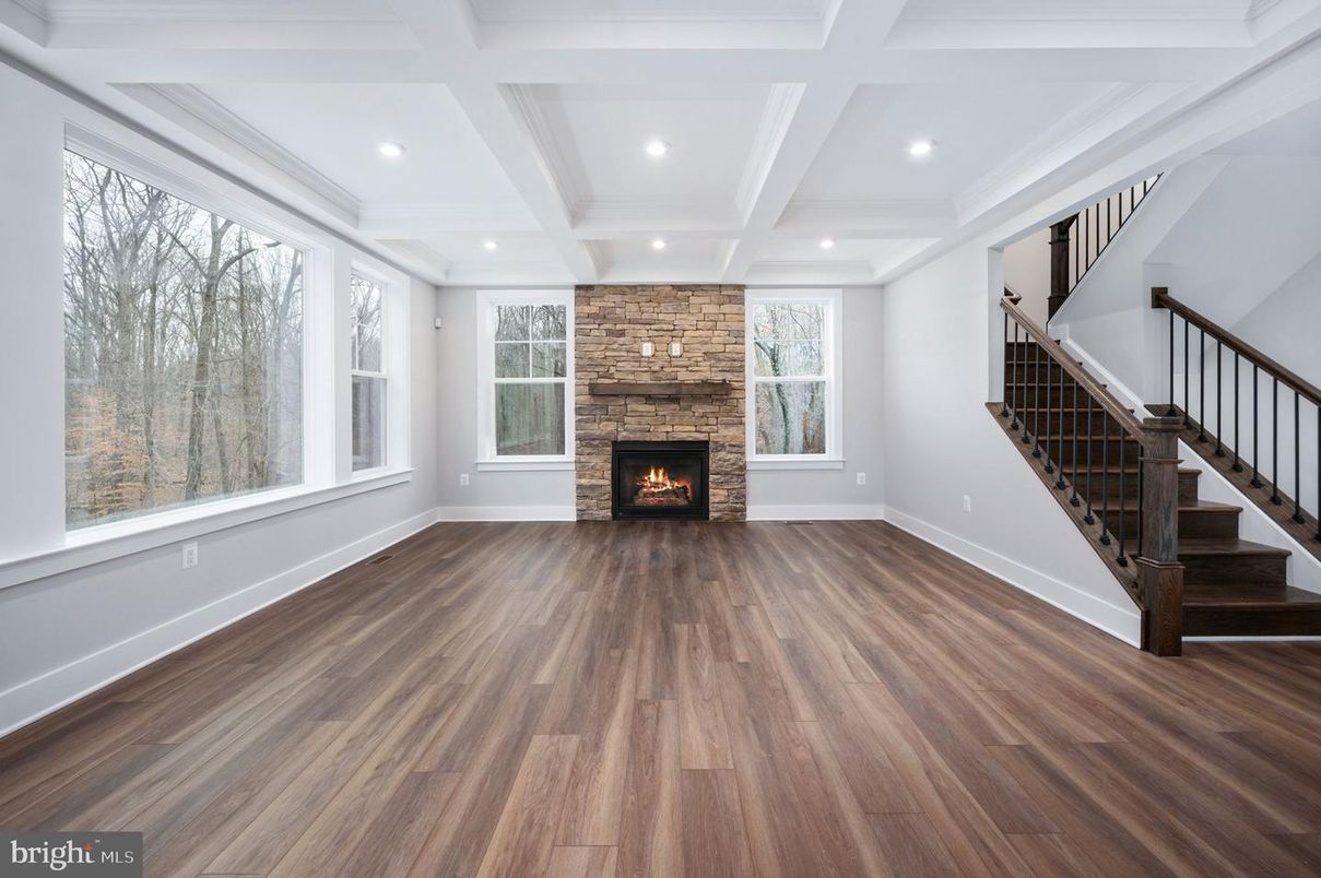 Empty room, Fireplace, Interior, Recessed Lighting, Wood Texture Flooring