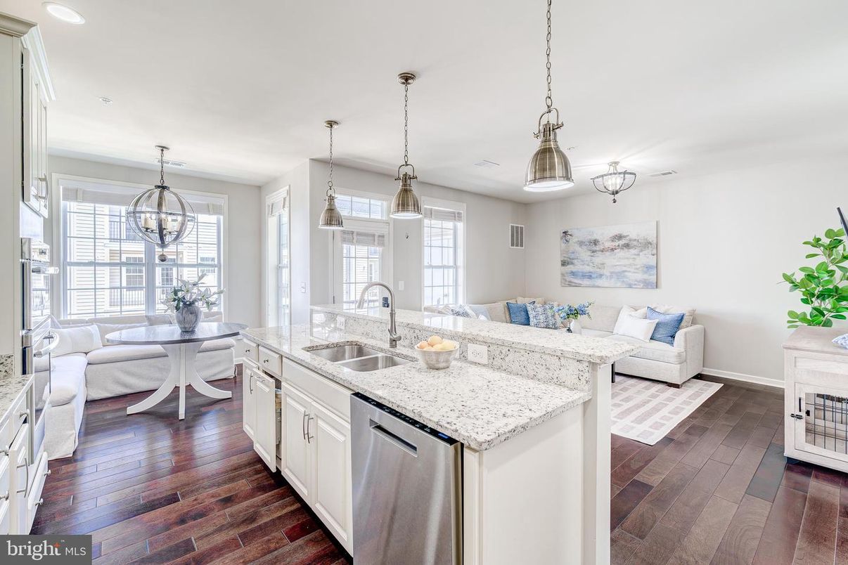 Chandelier, Dining room, Interior, Kitchen, Living room, Pendant Lights, Recessed Lighting, Wood Texture Flooring