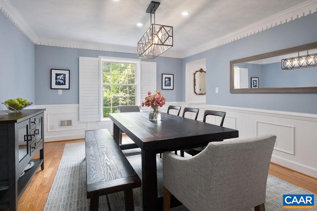 Dining room, Interior, Pendant Lights, Recessed Lighting, Wood Texture Flooring