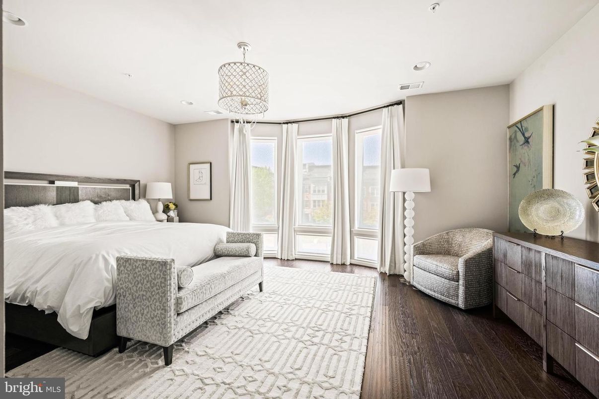 Bedroom, Chandelier, Interior, Recessed Lighting, Wood Texture Flooring