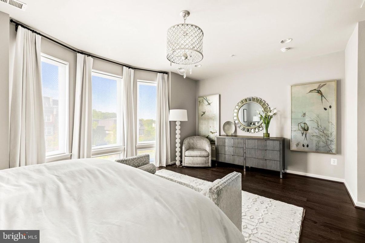 Bedroom, Chandelier, Interior, Recessed Lighting, Wood Texture Flooring