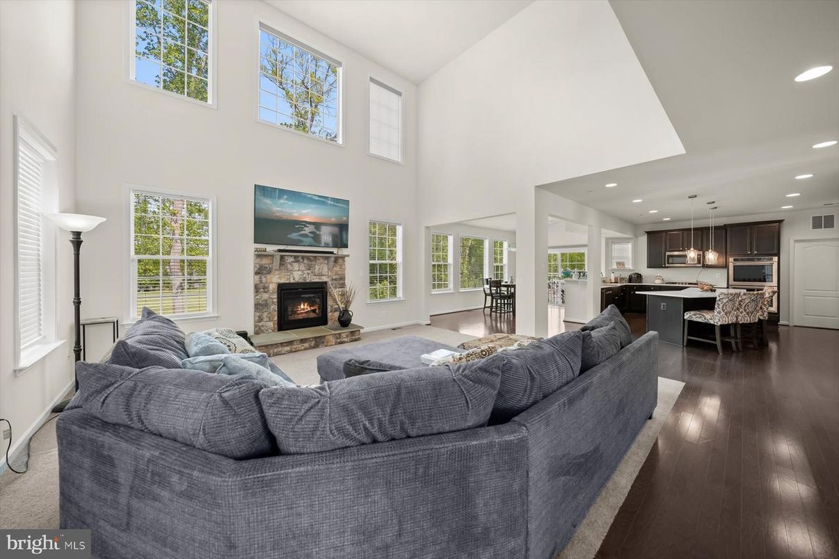Dining room, Fireplace, Interior, Kitchen, Living room, Pendant Lights, Recessed Lighting, Wood Texture Flooring