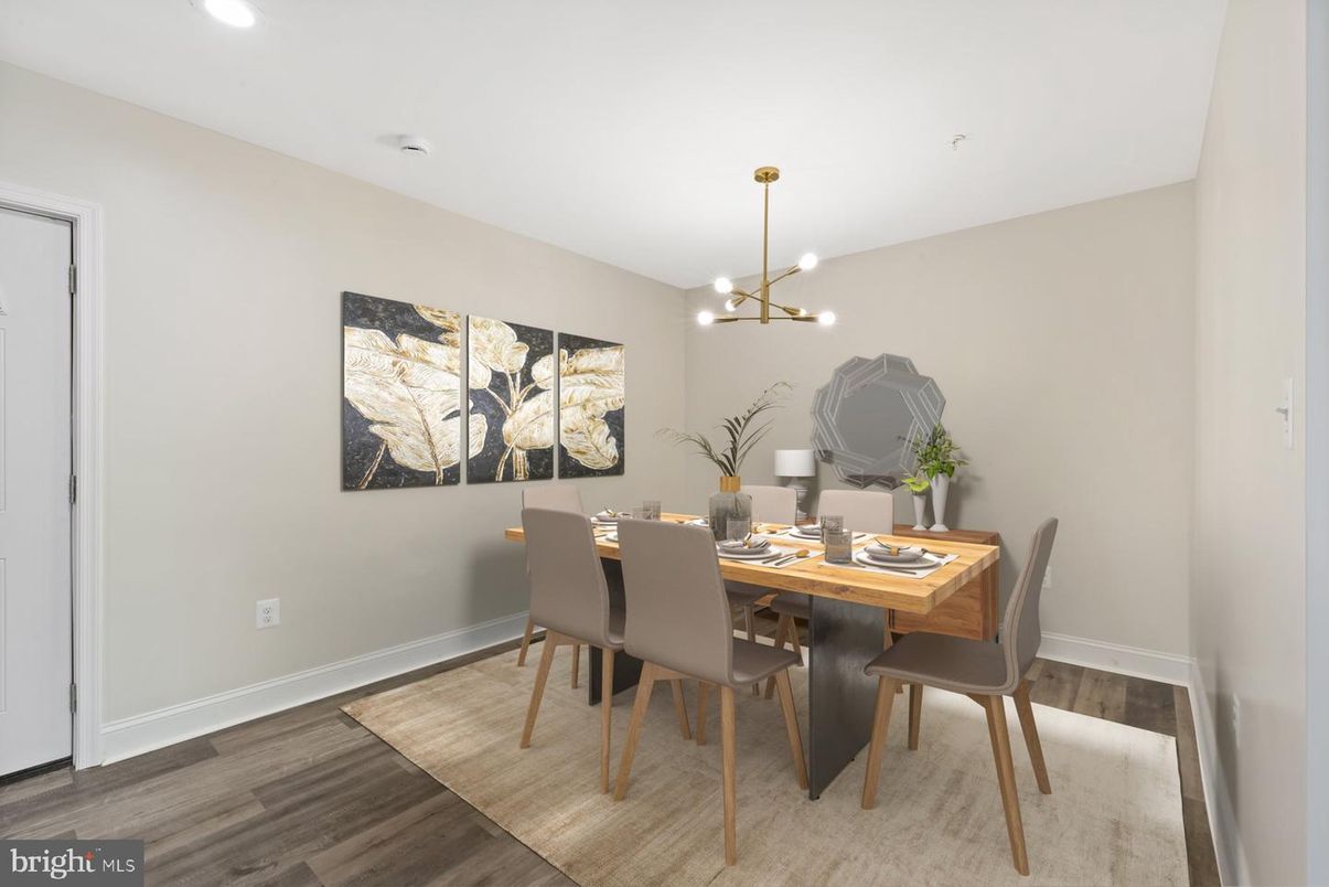 Dining room, Interior, Pendant Lights, Recessed Lighting, Wood Texture Flooring
