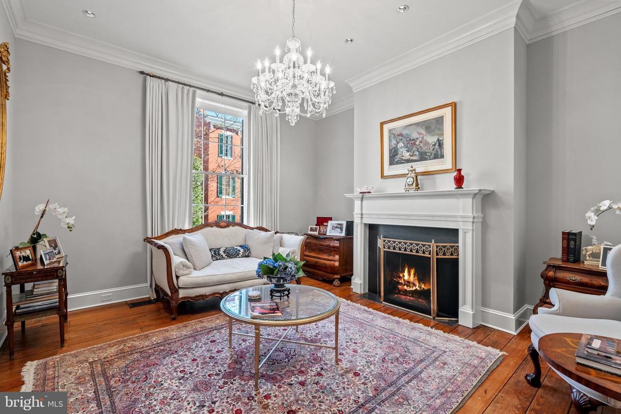 Chandelier, Fireplace, Interior, Living room, Recessed Lighting, Wood Texture Flooring