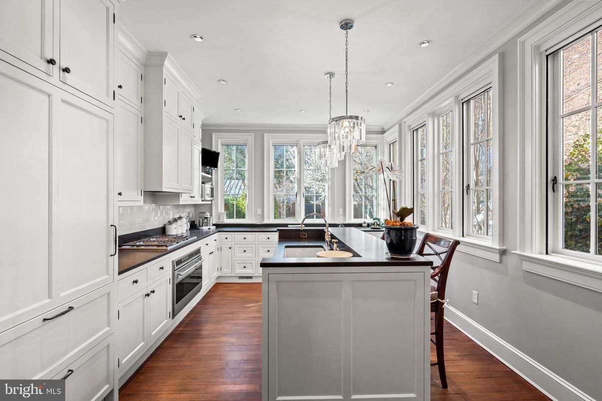 Chandelier, Interior, Kitchen, Pendant Lights, Recessed Lighting, Stainless Steel Appliances, Wood Texture Flooring