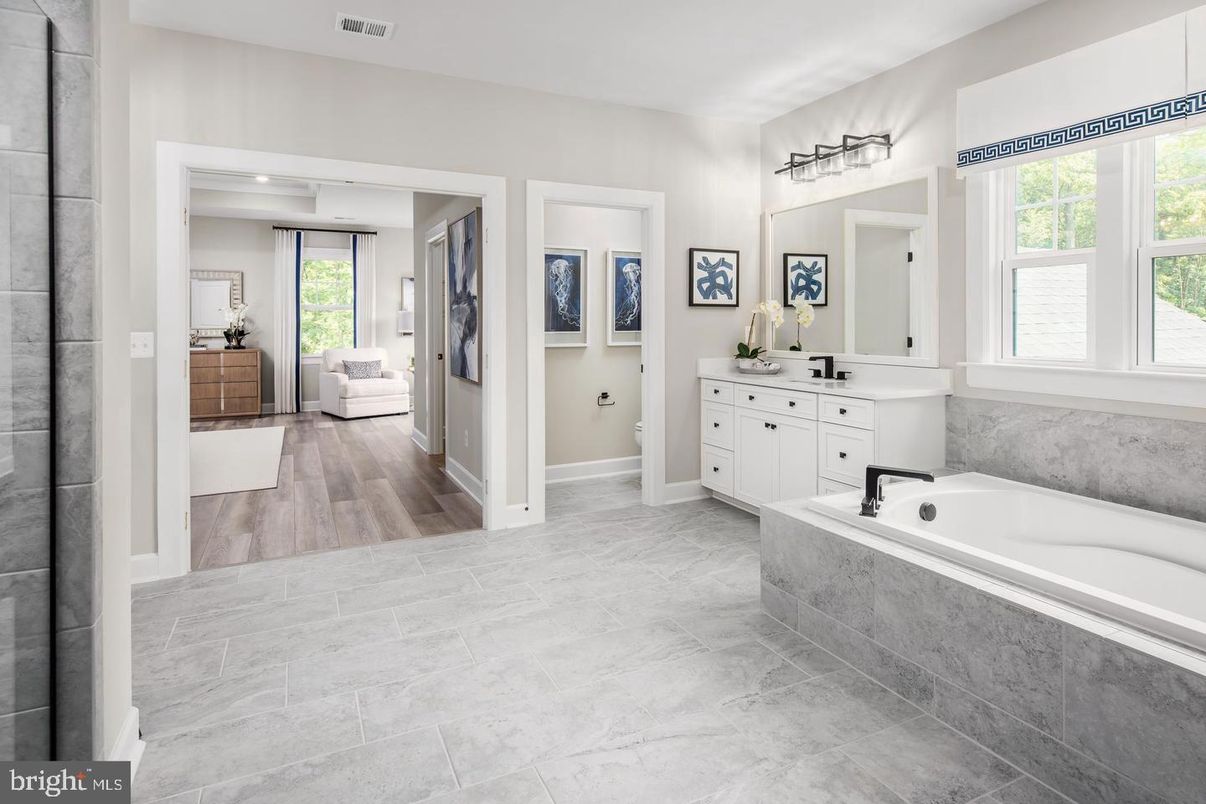 Bathroom, Interior, Marble, Recessed Lighting, Wood Texture Flooring