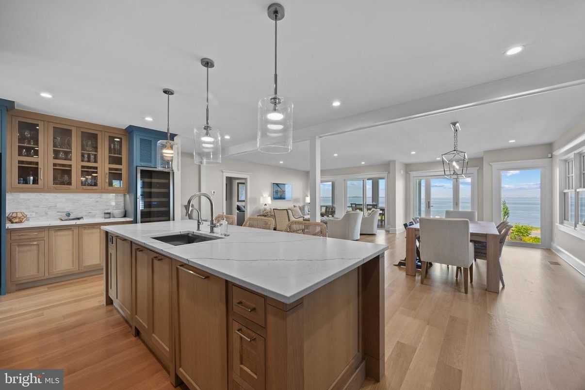 Dining room, Interior, Kitchen, Living room, Pendant Lights, Recessed Lighting, Water, Wood Texture Flooring