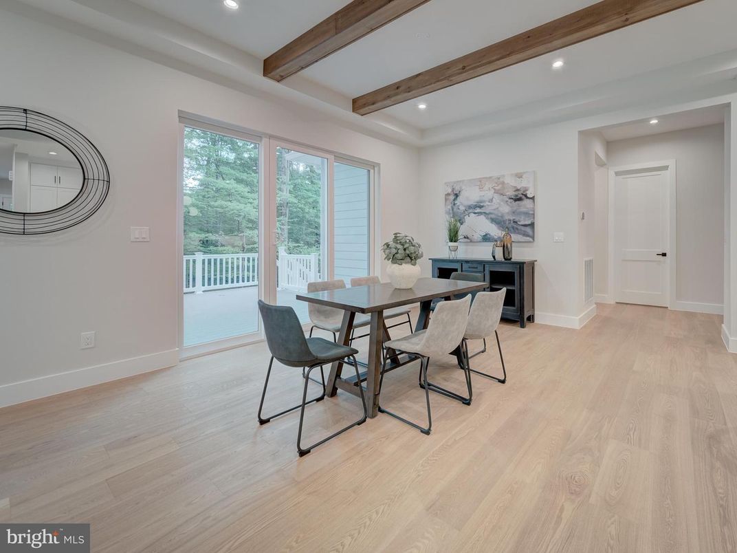 Dining room, Interior, Recessed Lighting, Wooden Beams, Wood Texture Flooring