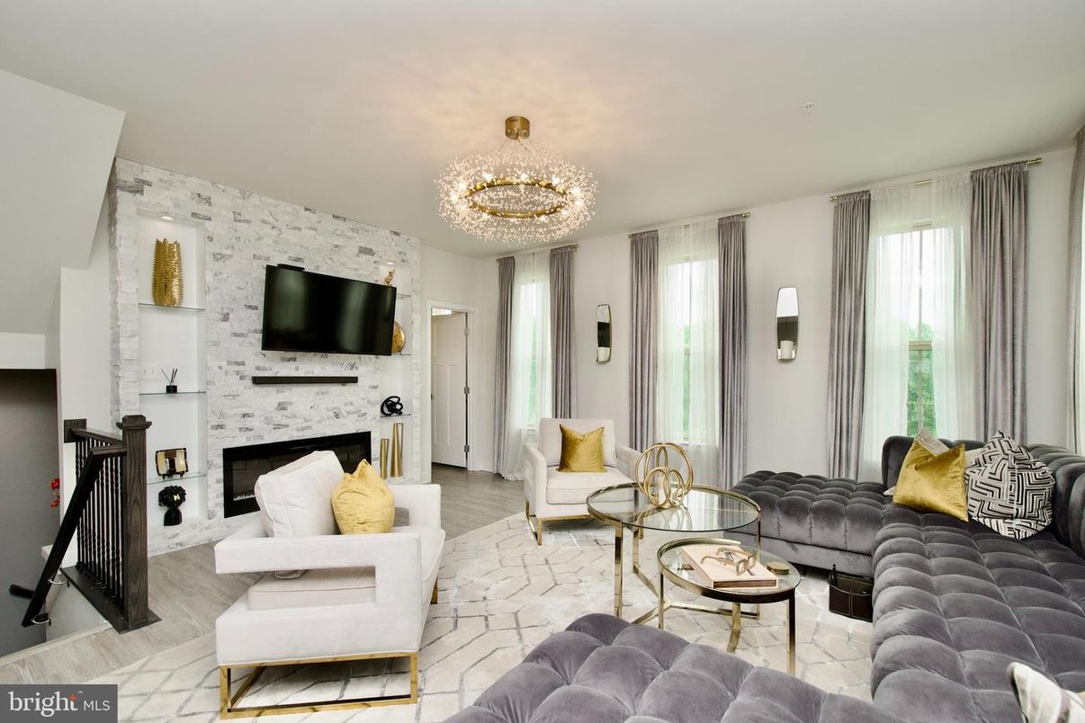 Chandelier, Fireplace, Interior, Living room, Stone Walls, Wood Texture Flooring