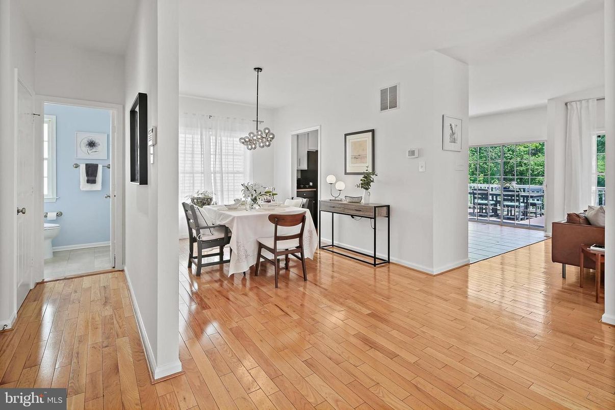 Bathroom, Chandelier, Dining room, Interior, Pendant Lights, Wood Texture Flooring