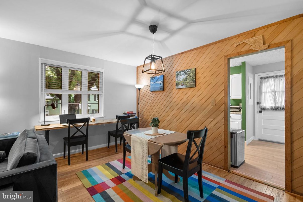 Dining room, Interior, Pendant Lights, Wood Texture Flooring, Wooden Walls