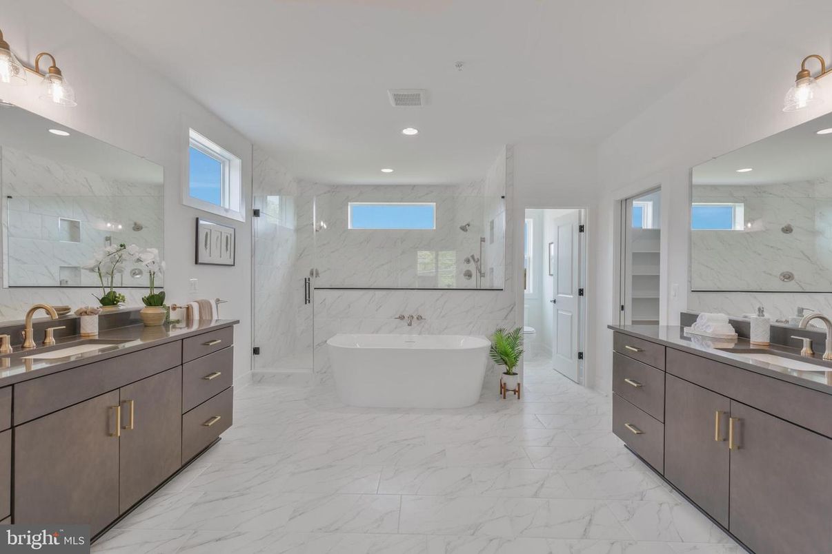 Bathroom, Dual Sink Vanities, Free Standing Baths, Glass Shower, Interior, Marble, Marble Walls, Recessed Lighting
