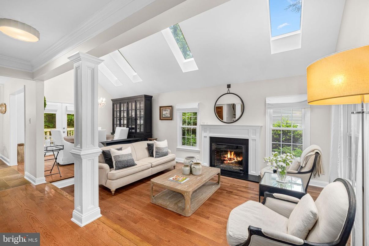 Fireplace, Interior, Living room, Pendant Lights, Wood Texture Flooring