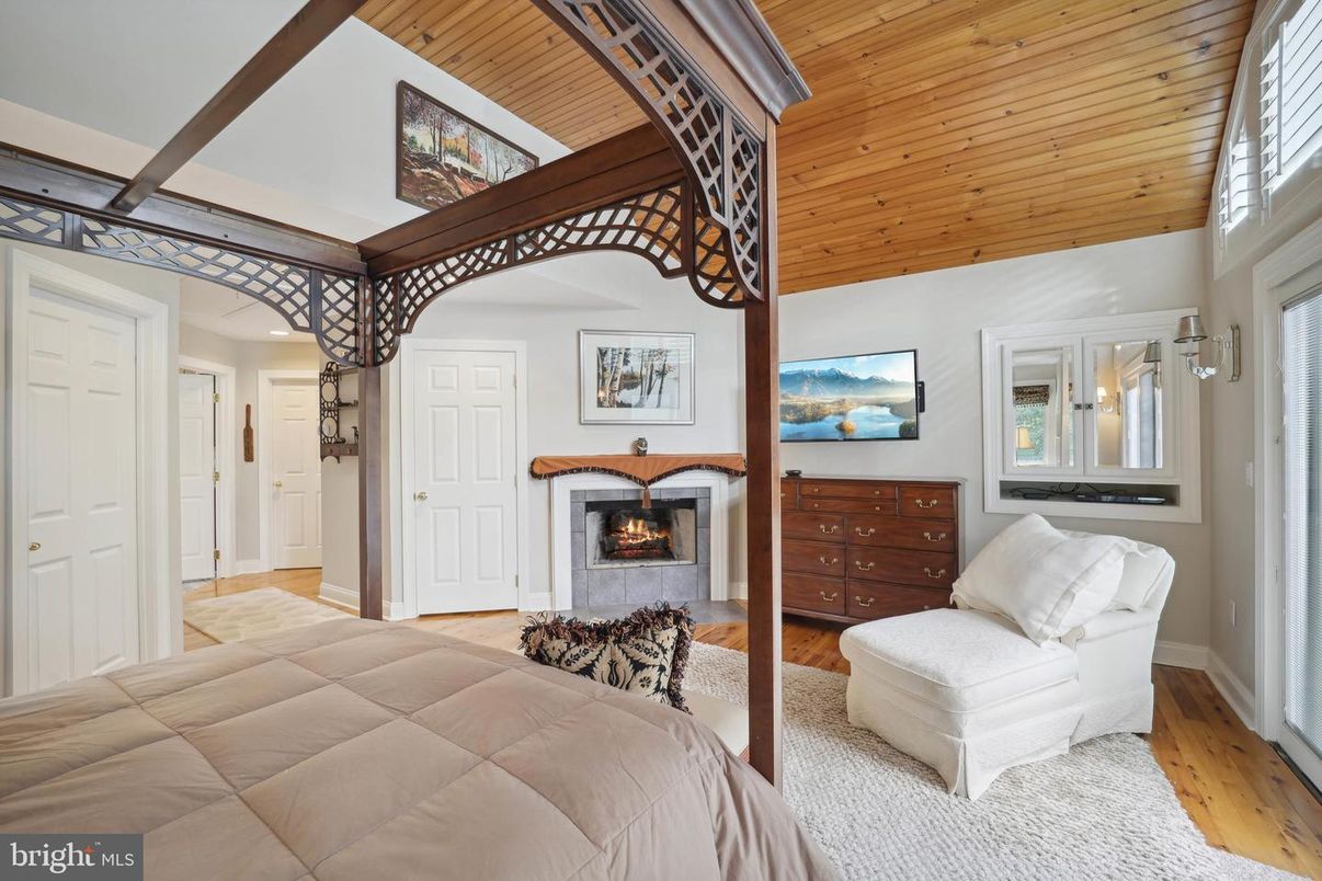 Bedroom, Fireplace, Interior, Wooden Ceilings, Wood Texture Flooring