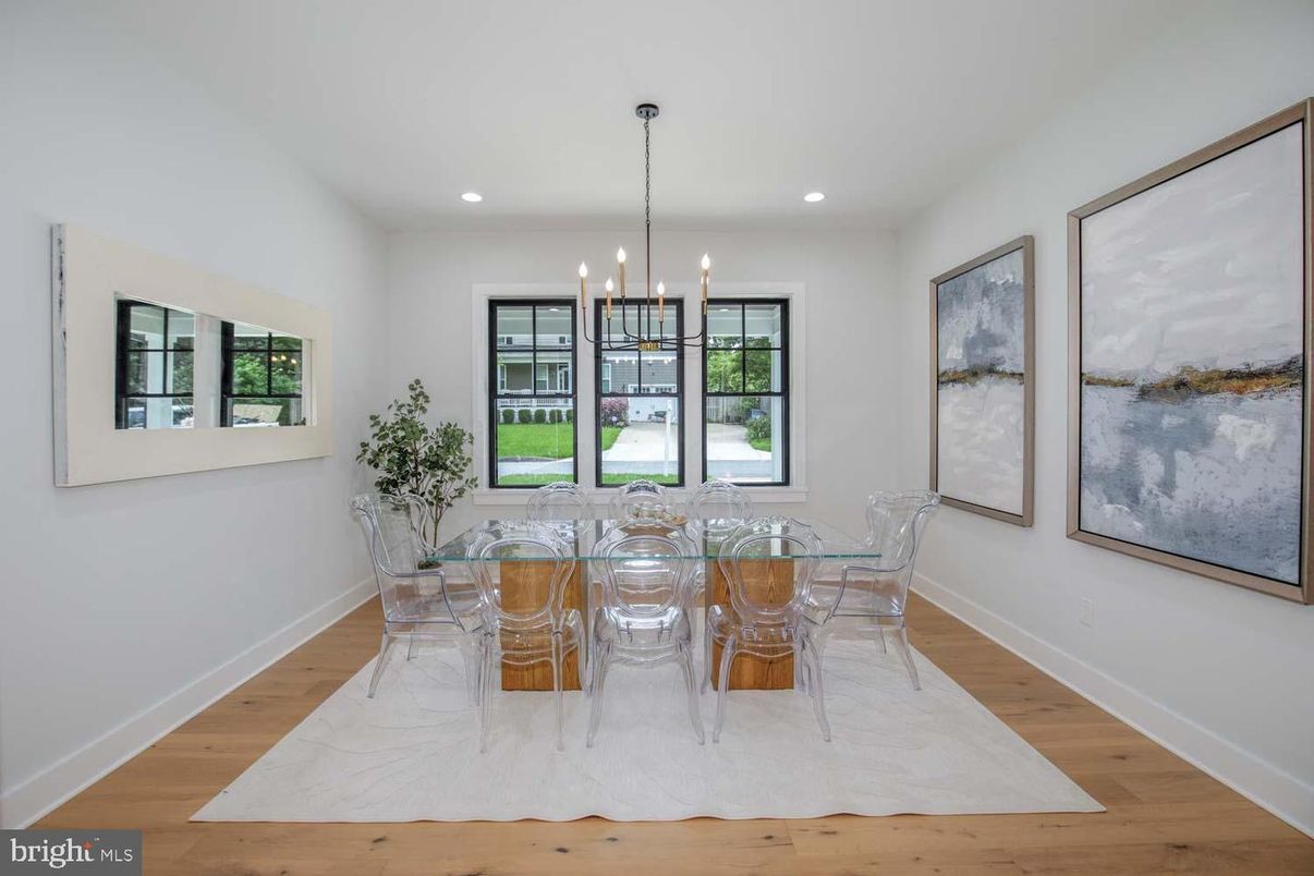 Dining room, Interior, Pendant Lights, Recessed Lighting, Wood Texture Flooring