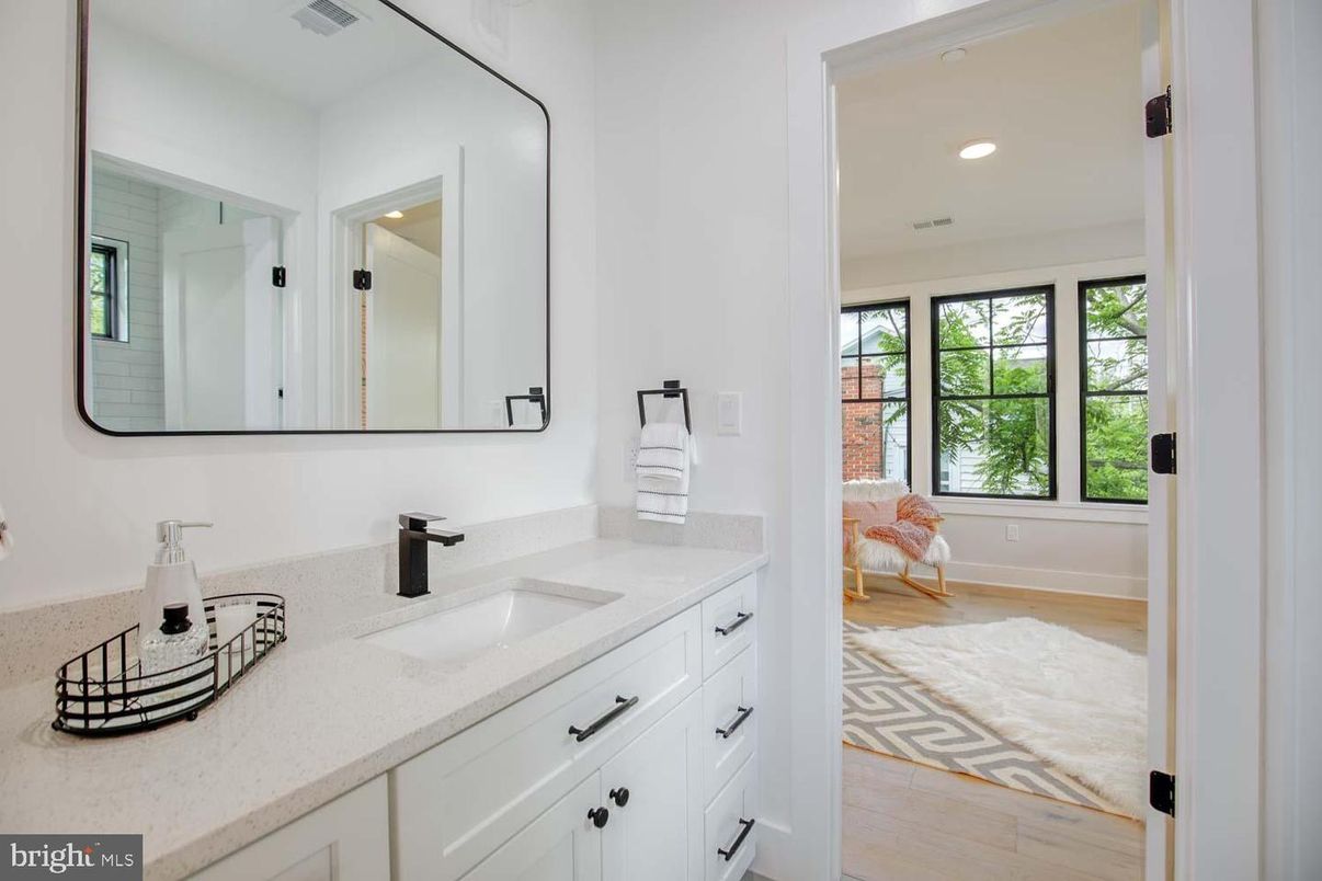 Bathroom, Dual Sink Vanities, Interior, Recessed Lighting, Wood Texture Flooring