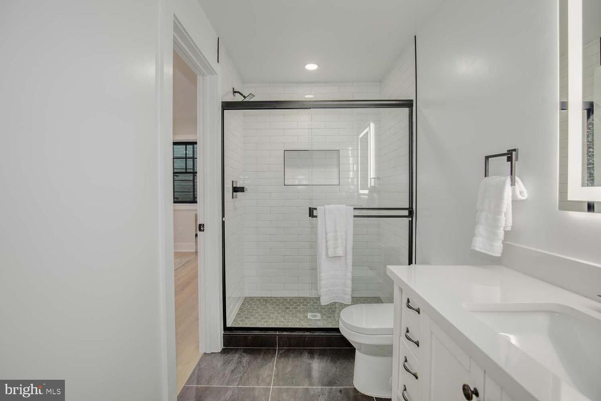 Bathroom, Glass Shower, Interior, Recessed Lighting, Wood Texture Flooring