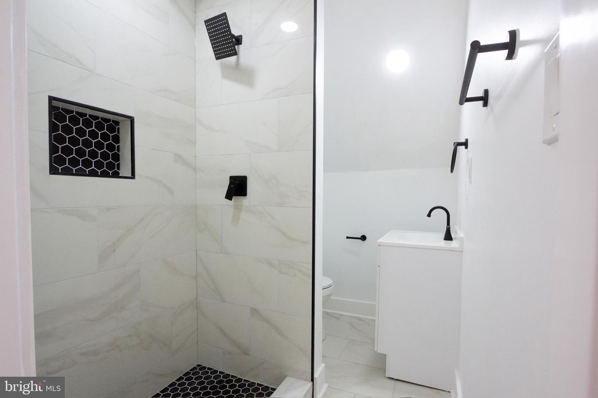 Bathroom, Glass Shower, Interior, Marble Walls, Recessed Lighting