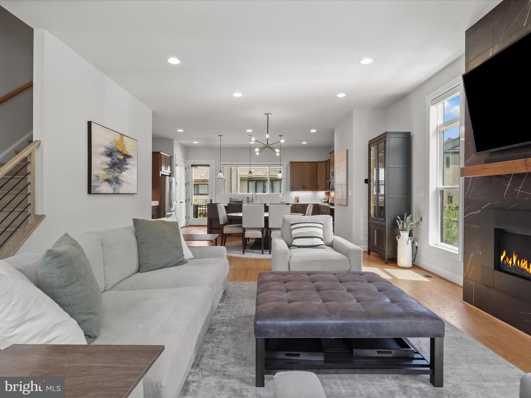 Dining room, Fireplace, Interior, Kitchen, Living room, Pendant Lights, Recessed Lighting, Wood Texture Flooring