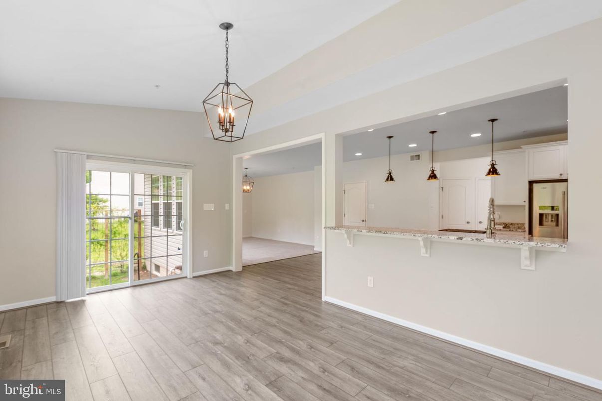 Empty room, Interior, Kitchen, Pendant Lights, Recessed Lighting, Wood Texture Flooring