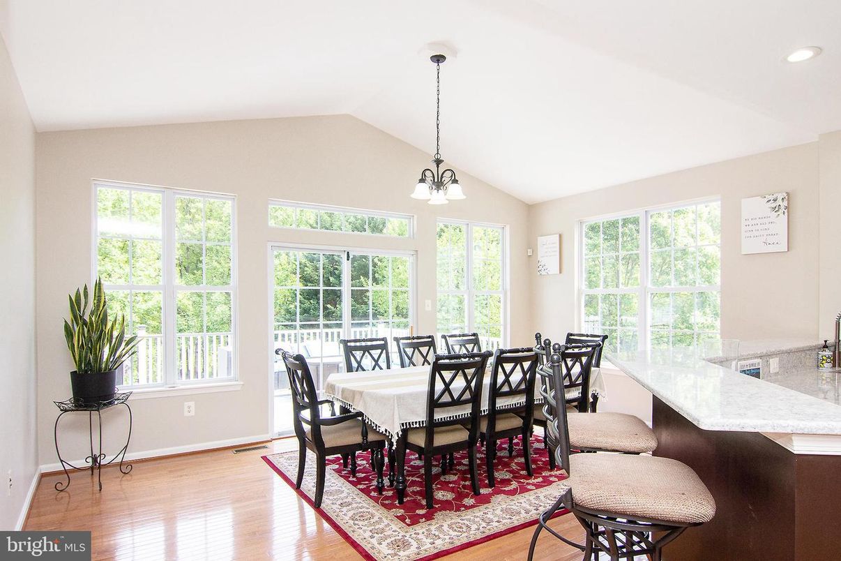Dining room, Interior, Pendant Lights, Recessed Lighting, Wood Texture Flooring