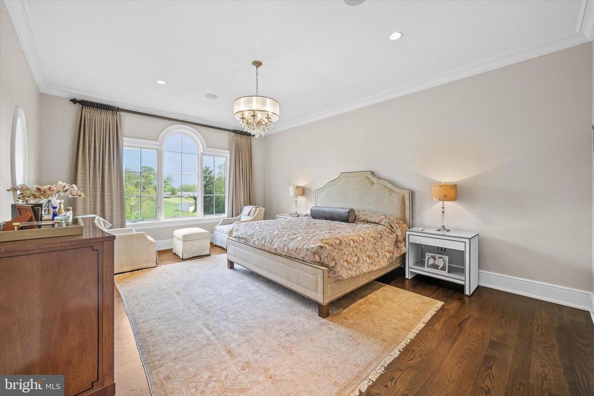Bedroom, Chandelier, Interior, Recessed Lighting, Wood Texture Flooring