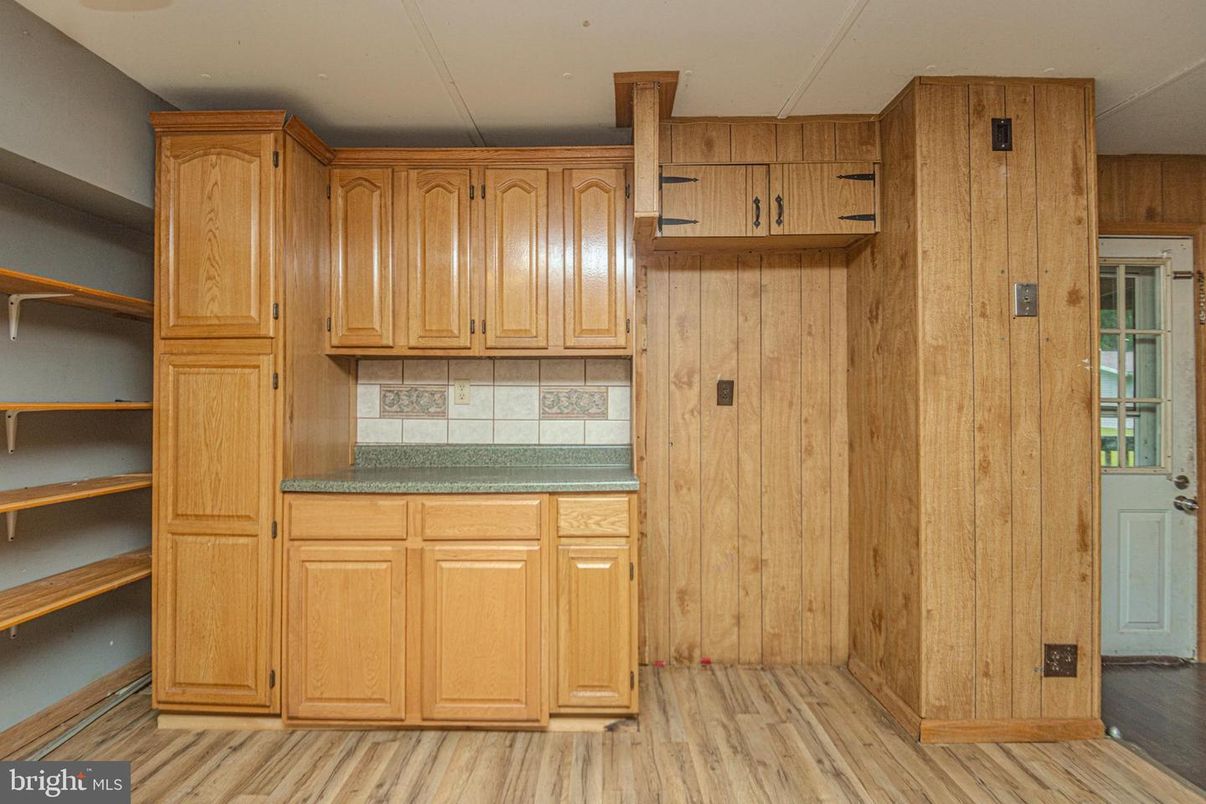 Interior, Kitchen, Tile Countertops, Wood Texture Flooring