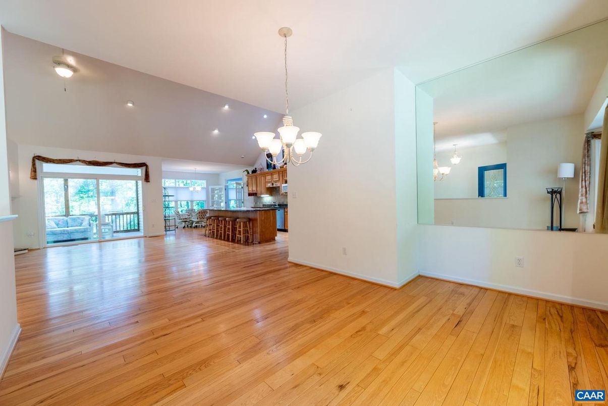 Chandelier, Empty room, Interior, Kitchen, Recessed Lighting, Wood Texture Flooring