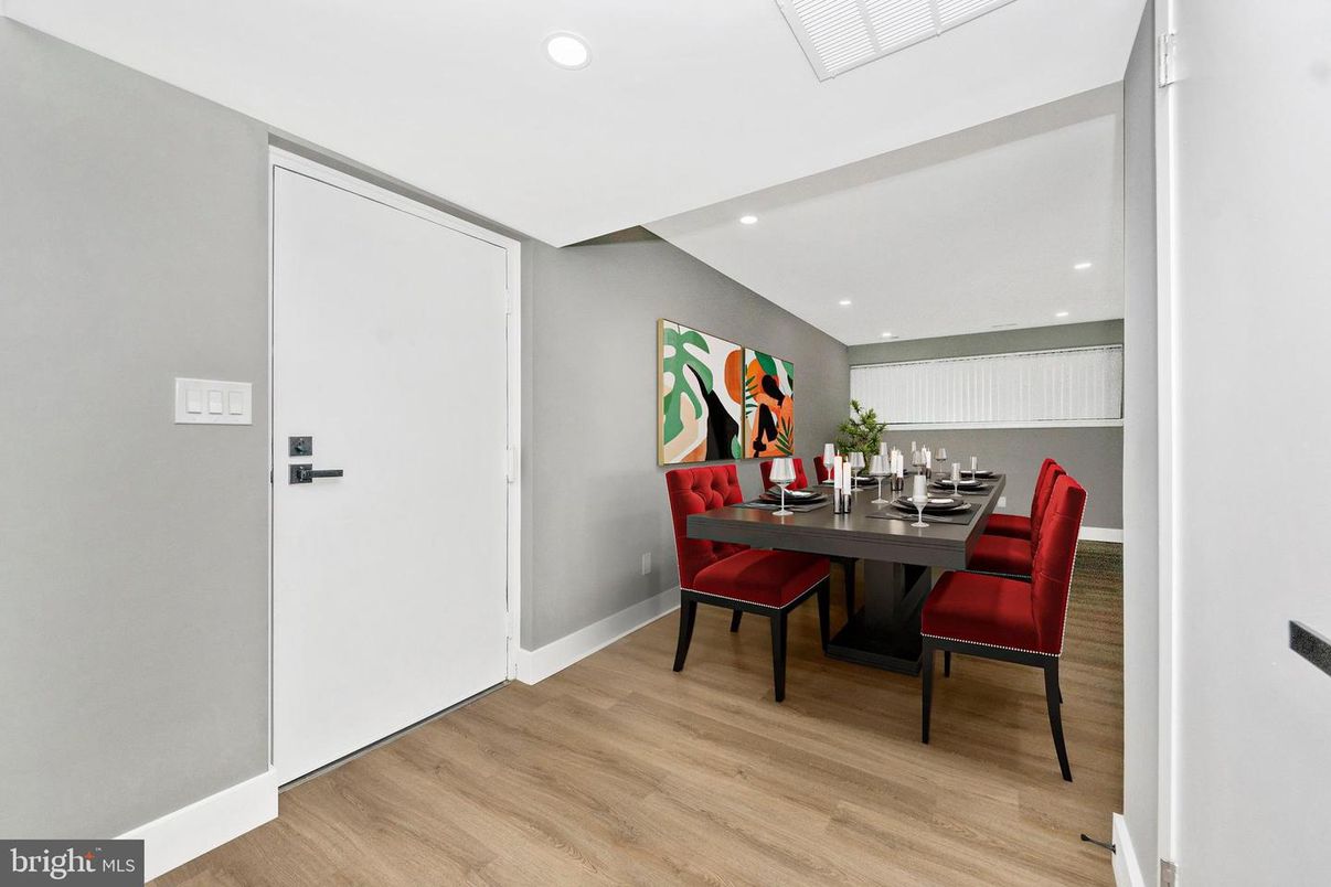 Dining room, Interior, Recessed Lighting, Wood Texture Flooring