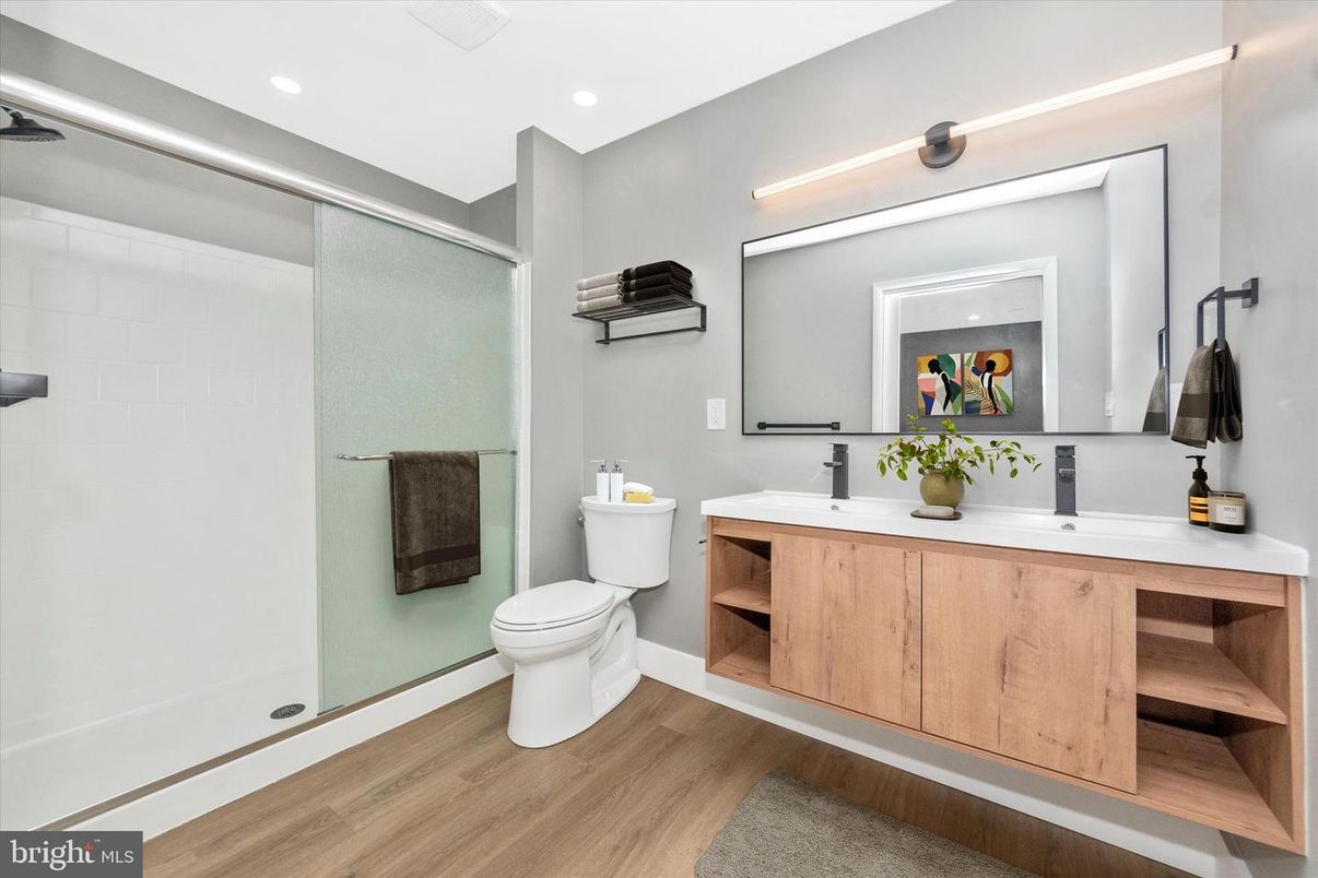 Bathroom, Glass Shower, Interior, Recessed Lighting, Wood Texture Flooring