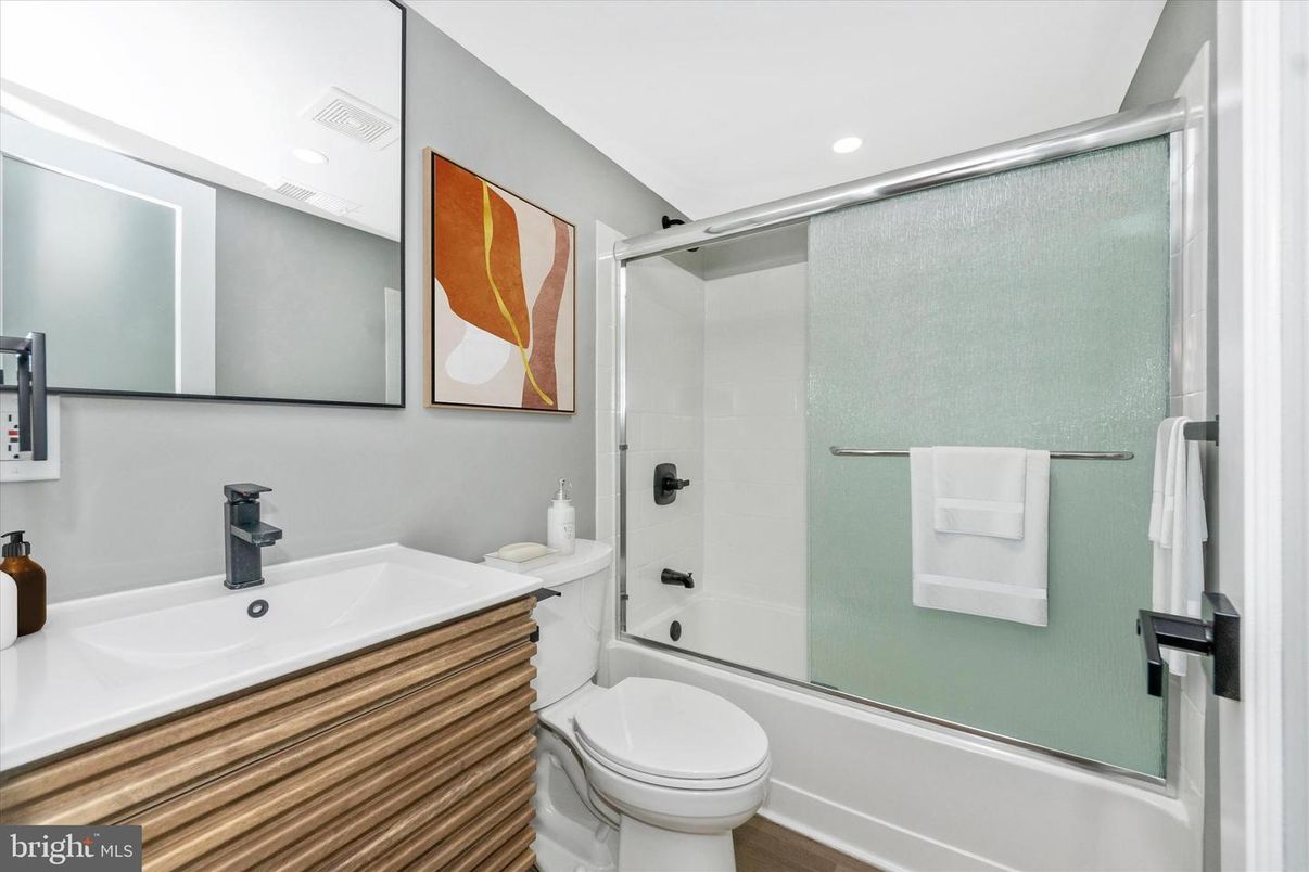 Bathroom, Glass Shower, Interior, Recessed Lighting, Wood Texture Flooring